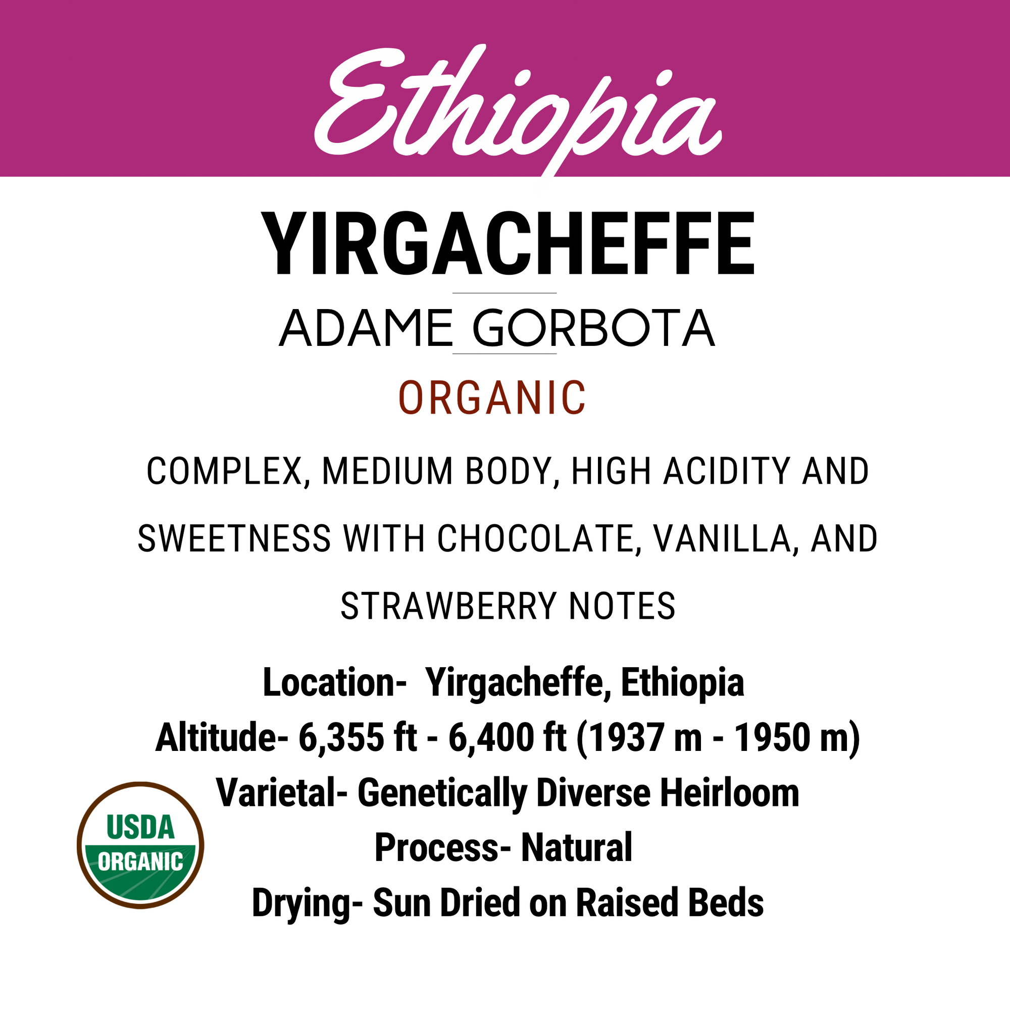 Ethiopia Natural Yirgacheffe Adame Gorbota